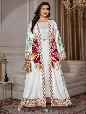 SHEIN Najma رمضان عباءة عربية كاجوال للسيدات بقصة كم طويل مطبوعة بطبعات زهور ونباتات وهندسية، مناسبة للربيع والخريف، مقاسات كبيرة