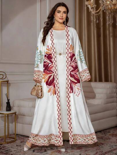 SHEIN Najma رمضان عباءة عربية كاجوال للسيدات بقصة كم طويل مطبوعة بطبعات زهور ونباتات وهندسية، مناسبة للربيع والخريف، مقاسات كبيرة