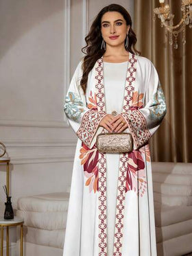 SHEIN Najma رمضان عباءة عربية كاجوال للسيدات بقصة كم طويل مطبوعة بطبعات زهور ونباتات وهندسية، مناسبة للربيع والخريف، مقاسات كبيرة