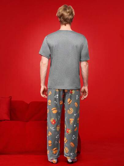 Happy Jammies طقم بيجامة رجالي مكون من ملابس علوية كم قصير مطبوعة بطباعة البرغر والبطاطس المقلية وبنطلون