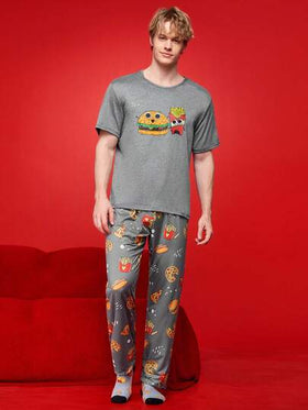 Happy Jammies طقم بيجامة رجالي مكون من ملابس علوية كم قصير مطبوعة بطباعة البرغر والبطاطس المقلية وبنطلون