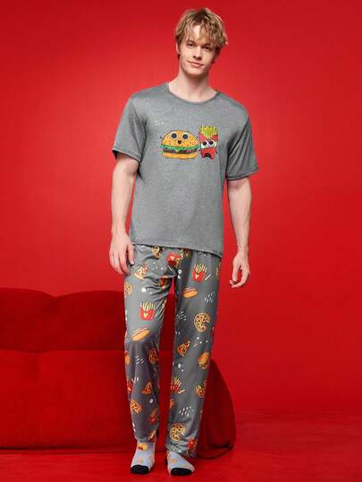 Happy Jammies طقم بيجامة رجالي مكون من ملابس علوية كم قصير مطبوعة بطباعة البرغر والبطاطس المقلية وبنطلون