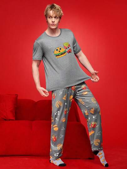 Happy Jammies طقم بيجامة رجالي مكون من ملابس علوية كم قصير مطبوعة بطباعة البرغر والبطاطس المقلية وبنطلون
