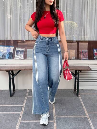 Rivivi سراويل جينز نسائية فضفاضة واسعة الساق بخطوط جانبية متباينة، مناسبة للارتداء اليومي والرياضة والتنقل