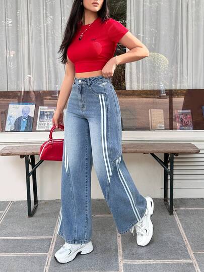 Rivivi سراويل جينز نسائية فضفاضة واسعة الساق بخطوط جانبية متباينة، مناسبة للارتداء اليومي والرياضة والتنقل