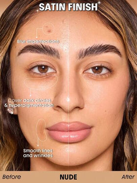 SHEGLAM Skin Sync Satin كريم أساس-Nude علامة تجارية جمال مكياج ميكب مستحضرات تجميل للنساء الفتيات مثالي لفصل الشتاء الربيع مثالي ل- Y2K أزياء أنيقة رمضان هدية حفلة جاهز أفضل لون