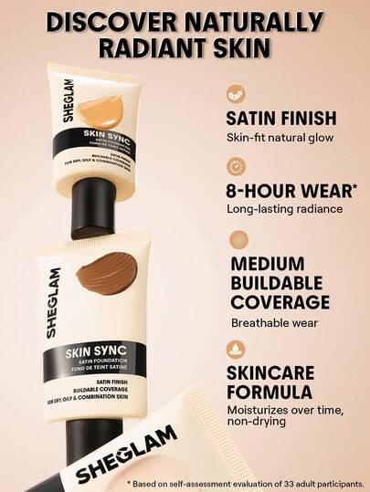 SHEGLAM Skin Sync Satin كريم أساس-Nude علامة تجارية جمال مكياج ميكب مستحضرات تجميل للنساء الفتيات مثالي لفصل الشتاء الربيع مثالي ل- Y2K أزياء أنيقة رمضان هدية حفلة جاهز أفضل لون