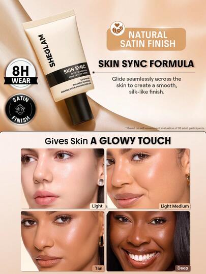 SHEGLAM Skin Sync Satin كريم أساس-Nude علامة تجارية جمال مكياج ميكب مستحضرات تجميل للنساء الفتيات مثالي لفصل الشتاء الربيع مثالي ل- Y2K أزياء أنيقة رمضان هدية حفلة جاهز أفضل لون