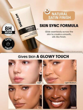 SHEGLAM Skin Sync Satin كريم أساس-Nude علامة تجارية جمال مكياج ميكب مستحضرات تجميل للنساء الفتيات مثالي لفصل الشتاء الربيع مثالي ل- Y2K أزياء أنيقة رمضان هدية حفلة جاهز أفضل لون