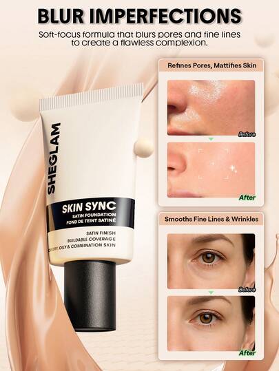 SHEGLAM Skin Sync Satin كريم أساس-Nude علامة تجارية جمال مكياج ميكب مستحضرات تجميل للنساء الفتيات مثالي لفصل الشتاء الربيع مثالي ل- Y2K أزياء أنيقة رمضان هدية حفلة جاهز أفضل لون