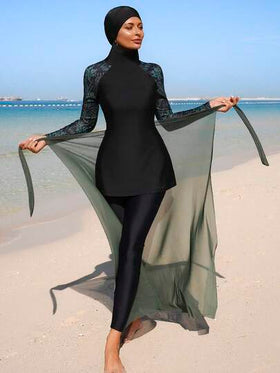 Swim Mulvari مجموعة بوركيني طباعة استوائية مرقعة للنساء، للعطلات والشاطئ