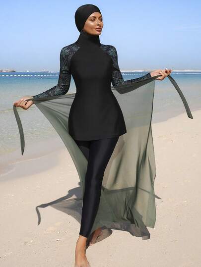 Swim Mulvari مجموعة بوركيني طباعة استوائية مرقعة للنساء، للعطلات والشاطئ