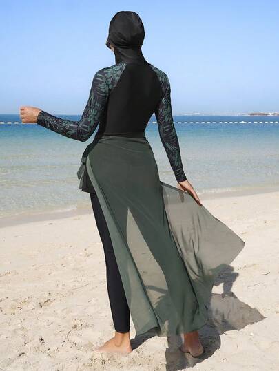 Swim Mulvari مجموعة بوركيني طباعة استوائية مرقعة للنساء، للعطلات والشاطئ