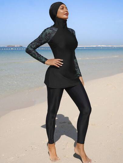 Swim Mulvari مجموعة بوركيني طباعة استوائية مرقعة للنساء، للعطلات والشاطئ