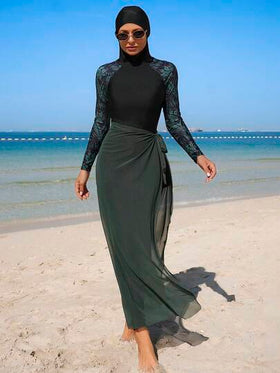 Swim Mulvari مجموعة بوركيني طباعة استوائية مرقعة للنساء، للعطلات والشاطئ