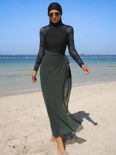 Swim Mulvari مجموعة بوركيني طباعة استوائية مرقعة للنساء، للعطلات والشاطئ