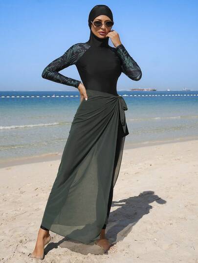 Swim Mulvari مجموعة بوركيني طباعة استوائية مرقعة للنساء، للعطلات والشاطئ