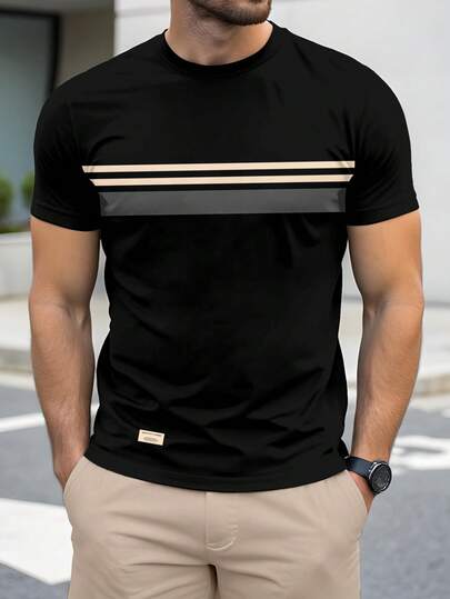 Manfinity Homme قميص تي شيرت قصير الأكمام للرجال بتصميم عصري كاجوال مع تباين الخطوط والطباعة المرقعة، مناسب للياقة الرشيقة، ضروري للمواعيد والتجمعات، مناسب كهدية لصديقك