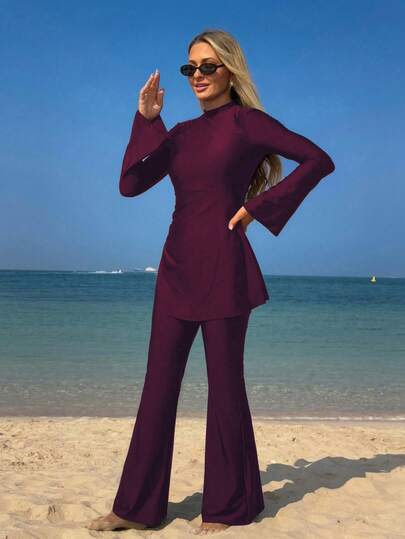 Swim Mulvari ملابس سباحة محافظة للنساء من قطعتين، بأكمام طويلة مكشكشة وخصر مربوط، تغطية شاطئ محتشمة، لون أحادي للصيف