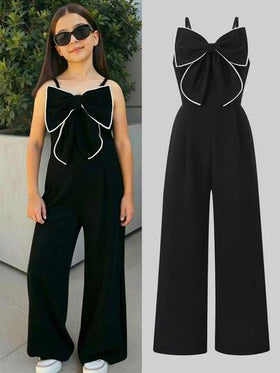 SHEIN جمبسوت سباغيتي بحمالات بنمط قماش منسوج، تصميم فرنسي بفيونكة، موضة راقية متميزة، بتصميم مستقيم ضيق مع ساق مستقيمة، مناسبة للربيع والصيف