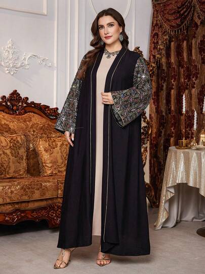 Al Najma رمضان عباءة أنيقة مطرزة بالخرز والتطريز للنساء ذوات الأحجام الكبيرة