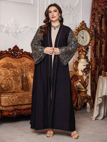Al Najma رمضان عباءة أنيقة مطرزة بالخرز والتطريز للنساء ذوات الأحجام الكبيرة