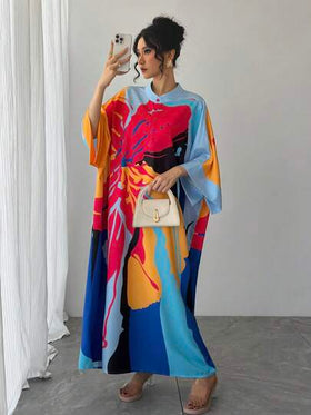 رمضان فستان عباية نسائي عربي قطعة واحدة، طباعة ملونة، طوق واقف، أحادي الصدر، كم راجلان، مقاس كبير، طول ماكسي، فستان كاجوال، عباءة عربية أنيقة، فستان سهرة فاخر للمناسبات، ملابس عربية