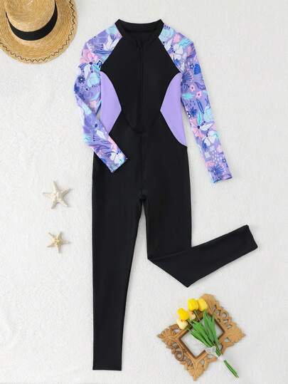 SHEIN بدلة سباحة قطعة واحدة للفتيات المراهقات، بتصميم رقعي باللونين الأسود والبنفسجي، بأكمام طويلة وبنطال، بطبعات زهور صغيرة، رياضية وأنيقة، أنيقة وجذابة، مناسبة للسباحة والشاطئ والحمام والتصوير الفوتوغرافي والهدايا وحمامات السباحة والسبا في الصيف