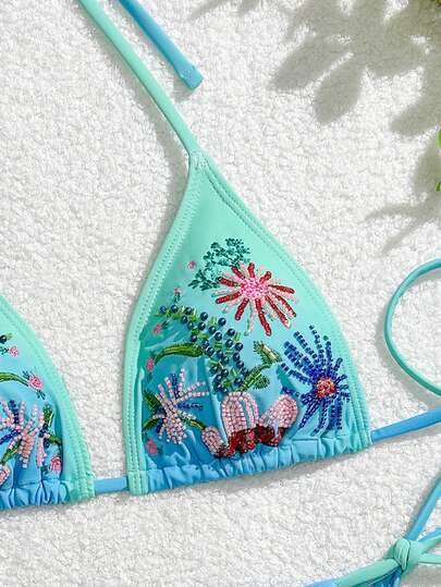 Swim Mod بيكيني مثلث مطرز بالخرز ذو طبعة زهور أومبير، ملابس سباحة نسائية جديدة للصيف بياقة حلقة، ملابس سباحة للعطلات الشاطئية