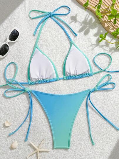 Swim Mod بيكيني مثلث مطرز بالخرز ذو طبعة زهور أومبير، ملابس سباحة نسائية جديدة للصيف بياقة حلقة، ملابس سباحة للعطلات الشاطئية