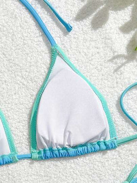Swim Mod بيكيني مثلث مطرز بالخرز ذو طبعة زهور أومبير، ملابس سباحة نسائية جديدة للصيف بياقة حلقة، ملابس سباحة للعطلات الشاطئية