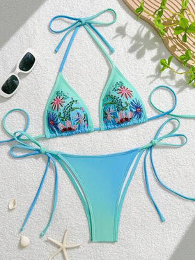 Swim Mod بيكيني مثلث مطرز بالخرز ذو طبعة زهور أومبير، ملابس سباحة نسائية جديدة للصيف بياقة حلقة، ملابس سباحة للعطلات الشاطئية
