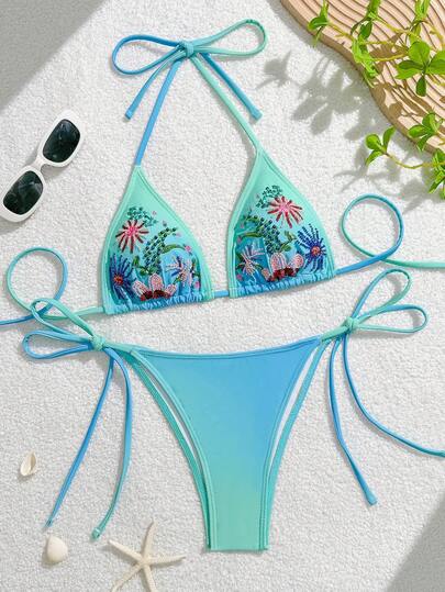 Swim Mod بيكيني مثلث مطرز بالخرز ذو طبعة زهور أومبير، ملابس سباحة نسائية جديدة للصيف بياقة حلقة، ملابس سباحة للعطلات الشاطئية