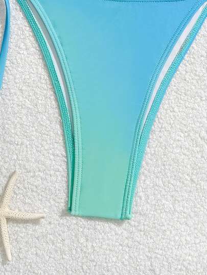 Swim Mod بيكيني مثلث مطرز بالخرز ذو طبعة زهور أومبير، ملابس سباحة نسائية جديدة للصيف بياقة حلقة، ملابس سباحة للعطلات الشاطئية
