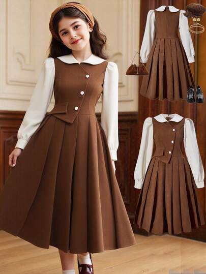 SHEIN Vintaside Kids فستان بلوك ملون مع طوق للبنات، طراز أنيق مناسب للكريسماس وحفلات عيد الميلاد والارتداء اليومي والمظهر الجامعي، مناسب للخريف والشتاء