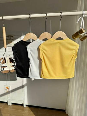 SHEIN 3 قطع/مجموعة ملابس علوية أطفال ولد كاجوال مريحة مطرزة بنقشات حرفية ثلاثية الأبعاد بدون أكمام فضفاضة، ملابس صيفية