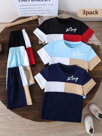 SHEIN مجموعة ملابس مريحة وجذابة للأولاد الصغار: تي شيرت بأكمام قصيرة بتصميم ألوان متباينة مع طباعة إنجليزية + شورت مطابق. متوفر ب- 3 خيارات لونية أنيقة. مثالي للعب والخروج أو الارتداء اليومي - قماش مريح ، تصميم سهل الارتداء والخلع ، مناسب للأطفال الصغار.
