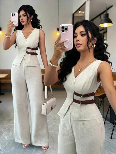 SHEIN Elenzya بدلة نسائية أنيقة بدون أكمام مزينة بإبزيم الحزام، تتكون من سترة وبنطلون، طراز عملي للمكتب، مناسبة للربيع/الصيف، ملابس المعلمة، ملابس المكتب، العودة إلى المدرسة، المواعيد، العطلات، التنقل، أنيقة، ملابس ربيعية عتيقة