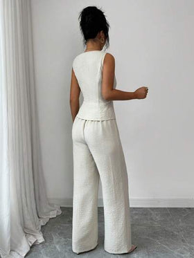 SHEIN Elenzya بدلة نسائية أنيقة بدون أكمام مزينة بإبزيم الحزام، تتكون من سترة وبنطلون، طراز عملي للمكتب، مناسبة للربيع/الصيف، ملابس المعلمة، ملابس المكتب، العودة إلى المدرسة، المواعيد، العطلات، التنقل، أنيقة، ملابس ربيعية عتيقة