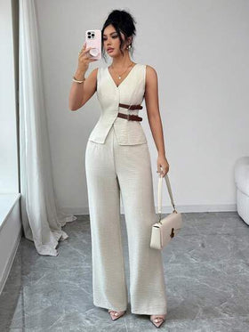 SHEIN Elenzya بدلة نسائية أنيقة بدون أكمام مزينة بإبزيم الحزام، تتكون من سترة وبنطلون، طراز عملي للمكتب، مناسبة للربيع/الصيف، ملابس المعلمة، ملابس المكتب، العودة إلى المدرسة، المواعيد، العطلات، التنقل، أنيقة، ملابس ربيعية عتيقة