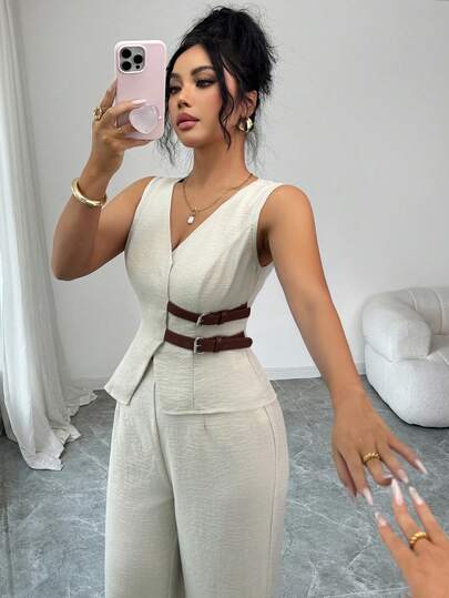 SHEIN Elenzya بدلة نسائية أنيقة بدون أكمام مزينة بإبزيم الحزام، تتكون من سترة وبنطلون، طراز عملي للمكتب، مناسبة للربيع/الصيف، ملابس المعلمة، ملابس المكتب، العودة إلى المدرسة، المواعيد، العطلات، التنقل، أنيقة، ملابس ربيعية عتيقة