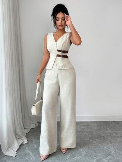 SHEIN Elenzya بدلة نسائية أنيقة بدون أكمام مزينة بإبزيم الحزام، تتكون من سترة وبنطلون، طراز عملي للمكتب، مناسبة للربيع/الصيف، ملابس المعلمة، ملابس المكتب، العودة إلى المدرسة، المواعيد، العطلات، التنقل، أنيقة، ملابس ربيعية عتيقة