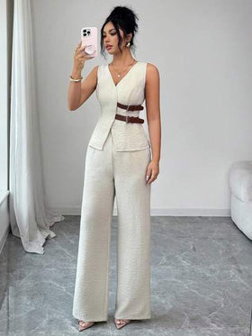 SHEIN Elenzya بدلة نسائية أنيقة بدون أكمام مزينة بإبزيم الحزام، تتكون من سترة وبنطلون، طراز عملي للمكتب، مناسبة للربيع/الصيف، ملابس المعلمة، ملابس المكتب، العودة إلى المدرسة، المواعيد، العطلات، التنقل، أنيقة، ملابس ربيعية عتيقة