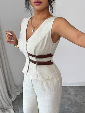 SHEIN Elenzya بدلة نسائية أنيقة بدون أكمام مزينة بإبزيم الحزام، تتكون من سترة وبنطلون، طراز عملي للمكتب، مناسبة للربيع/الصيف، ملابس المعلمة، ملابس المكتب، العودة إلى المدرسة، المواعيد، العطلات، التنقل، أنيقة، ملابس ربيعية عتيقة