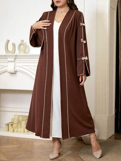 Veilorie رمضان عباءة نسائية فضفاضة مع تفاصيل فيونكة وخطوط تباين، مناسبة للمقاسات الكبيرة