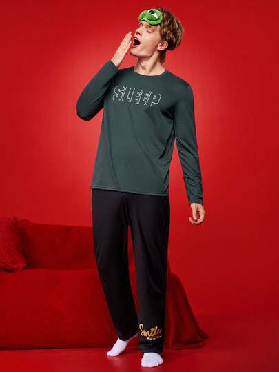 Manfinity Underwear&Sleepwear Basics ملابس علوية نوم رجالية طويلة الأكمام بطباعة "SLEEP" ناعمة ومريحة