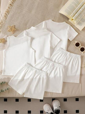 SHEIN 6 قطع طقم ملابس علوية وشورت للأطفال الصبيان بألوان سادة مريحة