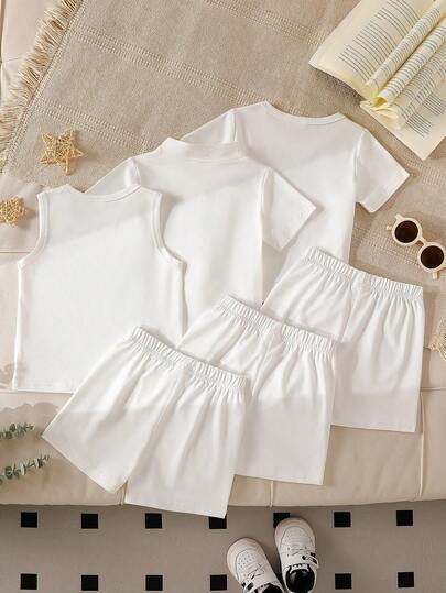 SHEIN 6 قطع طقم ملابس علوية وشورت للأطفال الصبيان بألوان سادة مريحة