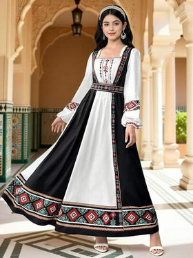 SHEIN فستان كاجوال منسوج بأكمام طويلة وياقة مربعة مطبوع للمراهقات