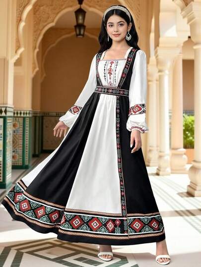 SHEIN فستان كاجوال منسوج بأكمام طويلة وياقة مربعة مطبوع للمراهقات